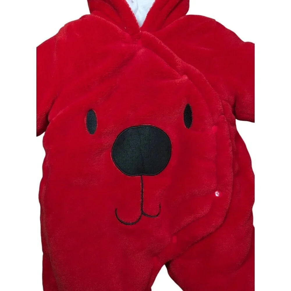 Baby Red Bear Hooded Fleece Snowsuit Jumpsuit One Piece Outfit 6-12 Months.
